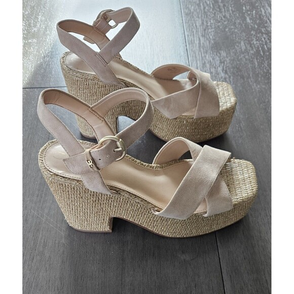 Sam Edelman Nude Tan Platform Heels Sandals Shoes Chunky Size 9.5 Square Toe - Picture 1 of 11